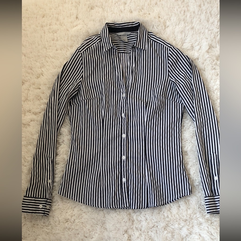H&M Striped Navy/Black & White Collard Button Down Shirt Sz 6